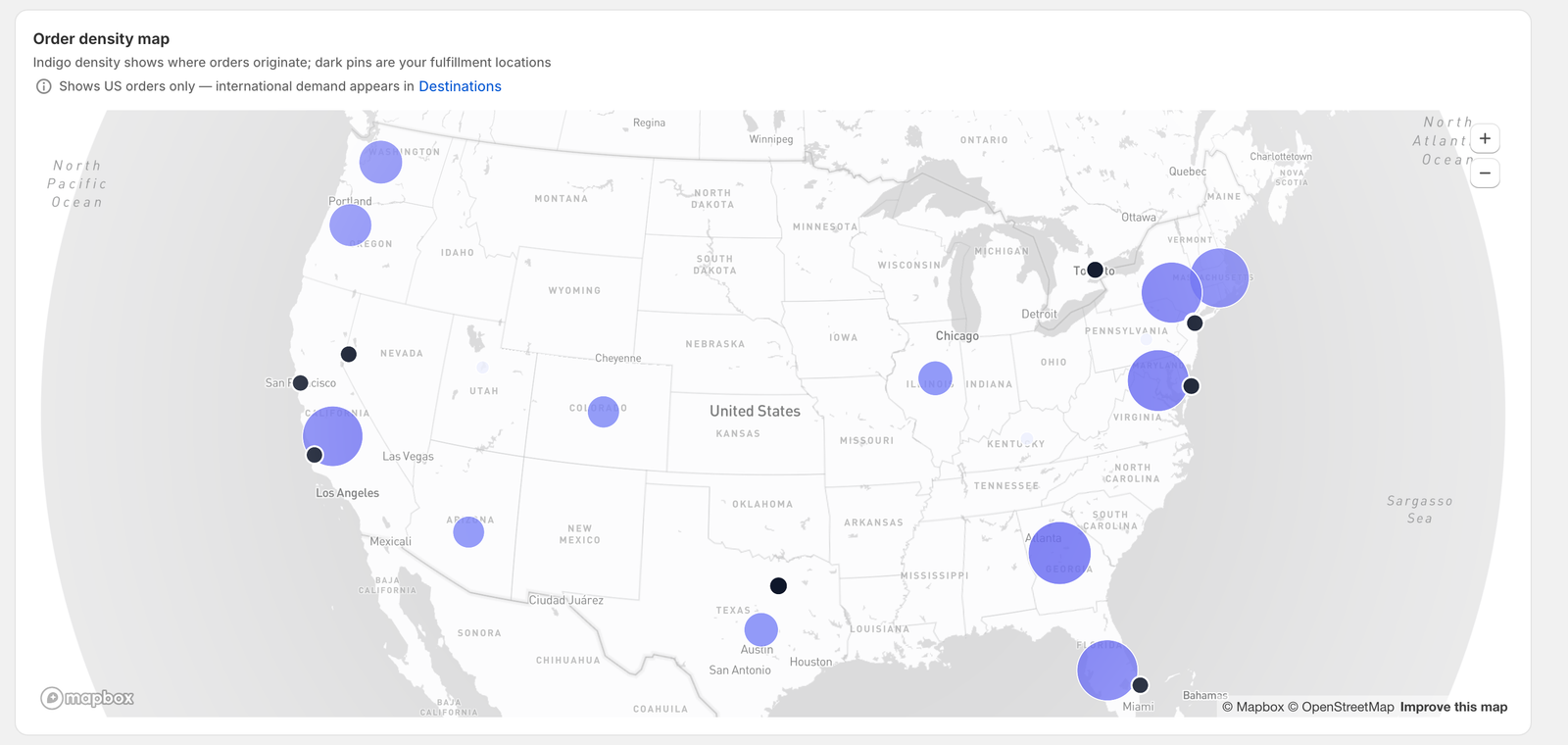 Demand Map: US order-origin density shown as indigo circles with dark fulfillment-location pins overlaid